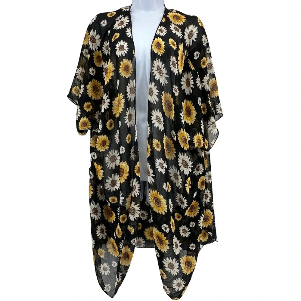 Liberty Love Kimono Cardigan Women 3XL Black Sunflower Floral Whimsygoth Boho